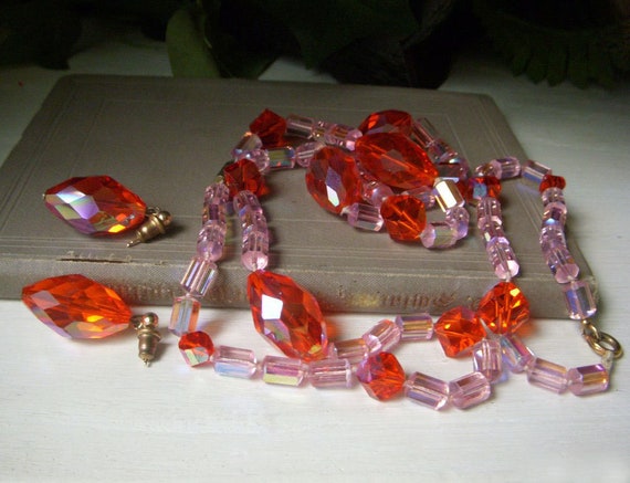 Vintage Miriam Haskell Orange Pink Crystal Earrin… - image 1