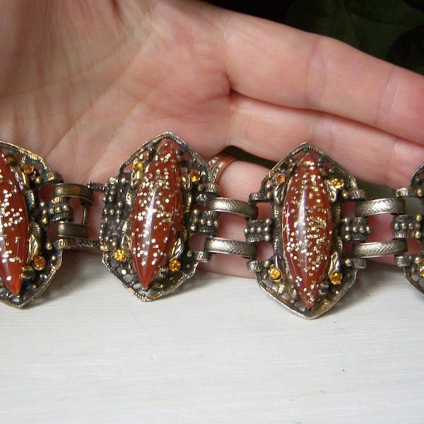 Vintage Selro Selini Large Link Bracelet, On Sale, Rare Burnt Orange Confetti Glitter Lucite, Panel Bracelet Mid Century