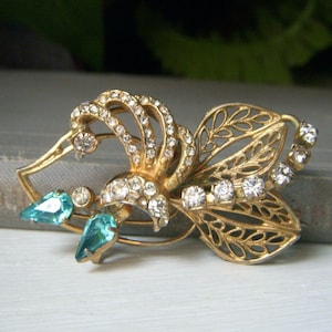 Vintage Aqua Blue Rhinestone and Filigree Leaf Brooch, Gorgeous Floral Brooch, 1940&#39;s Costume Jewelry