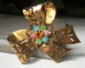 Vintage Coro Bow Brooch, Rare Signed Coro 1940's Goldtone Pin, Multicolor Rhinestones, Mid Century Costume Jewelry