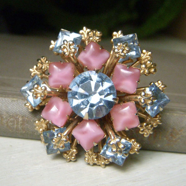 Vintage Pink and Blue Floral Brooch, Rivet Back, Blue Rhinestone and Pink Satin Glass, Like Coro, 1950's Prong-set Flower Brooch