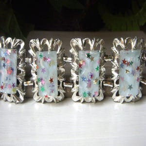 Vintage Crescent Moon and Stars Confetti Bracelet, Six Panel 1950's Rectangular Lucite Wide Link, Atomic Pale Blue, Size Slightly Large