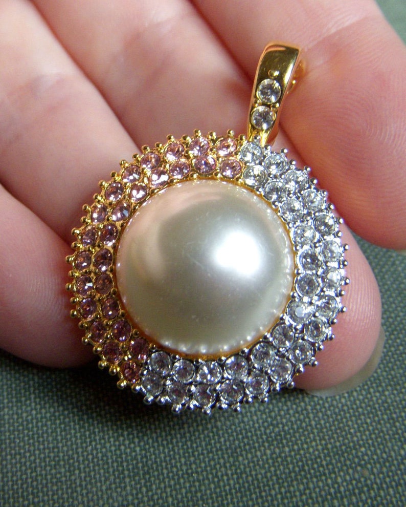 Gorgeous Vintage Signed Nolan Miller Pendant Pink and Clear Rhinestone Pendant Only Large Faux Pearl and Rhinestone Pendant