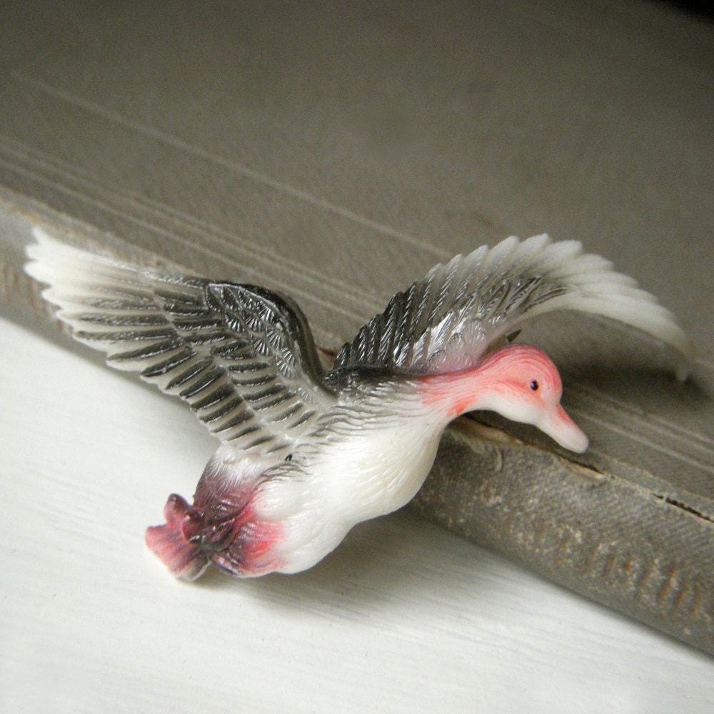 Vintage Plastic or Celluloid Flying Duck Brooch, Painted Fowl Bird