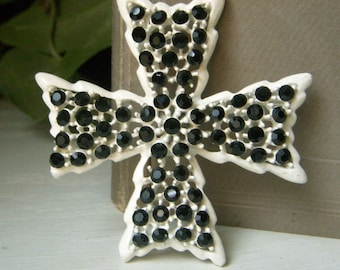 Vintage Weiss Maltese Cross Brooch, White Enamel and Black Rhinestone Pin, All Black Rhinestone, Large 2.5" Pin, Signed Weiss, On Sale
