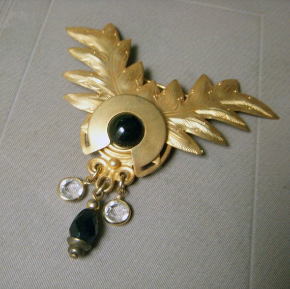 Vintage Gold and Black Brooch, Leaf Pin with Blac… - image 2
