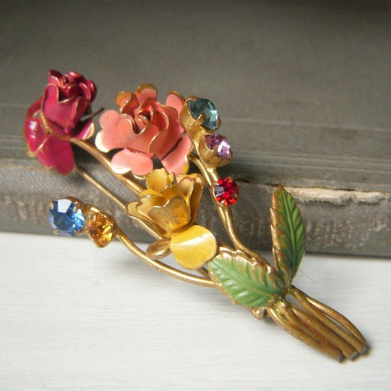 Vintage Made in Austria Enamel Floral Pin, Rhinestone Flower Brooch, Multi Color, 2.45 Inch, 1940's Austrian Roses Floral Spray
