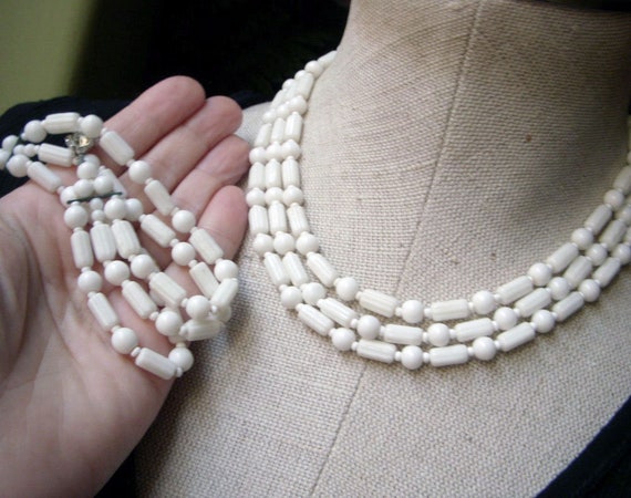 Vintage White Milk Glass Beaded Necklace, Bracele… - image 1