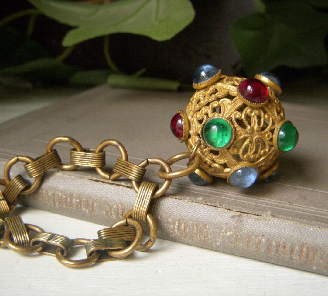 Antique Brass Ball Necklace Large Glass Cabochon Pendant Etsy