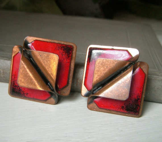 Vintage Red Enamel Earrings, Clip-on Copper, Mod … - image 2