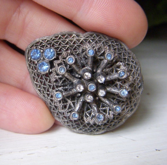 Antique Blue Rhinestone Dress Clip, Silver Fur Cl… - image 2