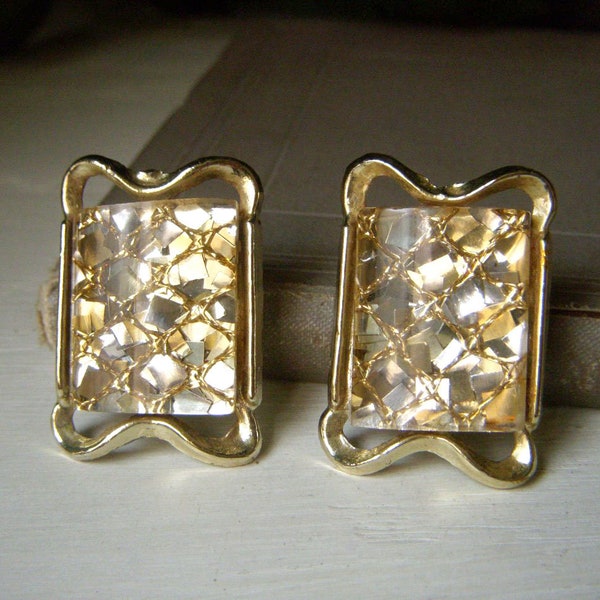 Vintage PAM Confetti Lucite Earrings, Rectangular Goldtone Clip-ons, 1950 or 60's Clips, Signed Pam