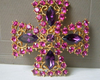 Vintage Maltese Cross Brooch, Quality Pin, Fuchsia Pink Amethyst Purple Rhinestone, Large Colorful 2.25" Pin Signed M.J. Ent. MJ Enterprises