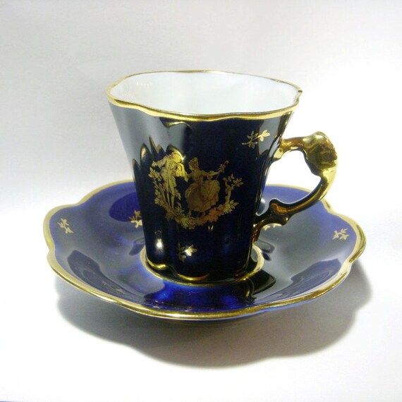 Vintage Limoges Cobalt Teacup and Saucer, Courting Couple