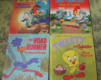 Vintage Looney Tunes Tell-A-Tale Book Lot, Walter Lantz Woody Woodpecker, Roadrunner Tweety, Four Book Collection Cartoon