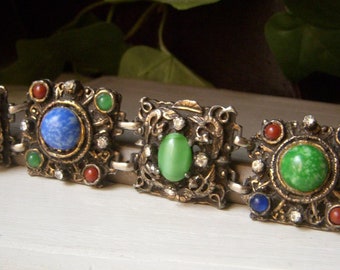 Vintage Panel Bracelet, Blue Green Cabochon, Multi Color, Chunky Wide, Like Selro
