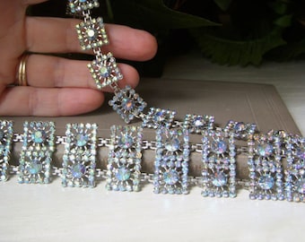Vintage Aurora Borealis Rhinestone Necklace and Bracelet, Dazzling Light Blue AB Choker, Pave Set, Sparkling AB Jewelry Demi Parure