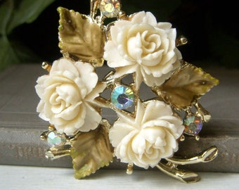 Vintage Celluloid Floral Brooch, Enamel and White Cream Rose Flower Pin, Triple Rose Carved, Rhinestone AB, Goldtone 1960's