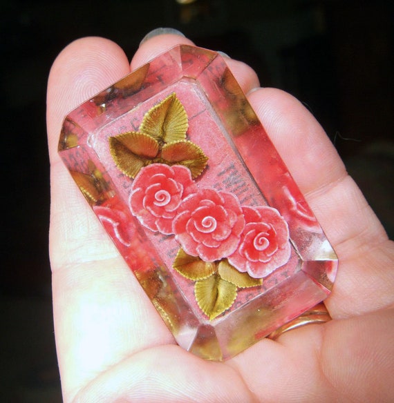 Vintage Reverse Carved Encased Floral Brooch, Red… - image 2