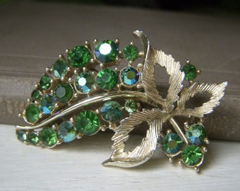 Vintage Lisner Rhinestone Leaf Brooch, Tourmaline Green Rhinestone, Curved Leaf AB Pin, Great Shape