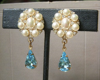 Vintage Clip-on Drop Earrings, Aqua Rhinestone and Faux Pearl, Vintage Blue Teardrop Clips