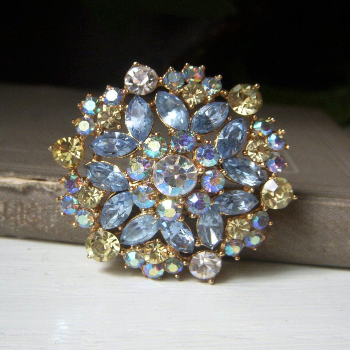 Vintage Crown Trifari Blue Floral Brooch, AB Rhinestones, Round Blue ...