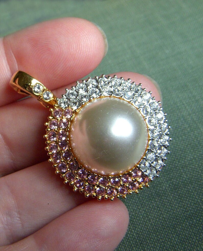 Gorgeous Vintage Signed Nolan Miller Pendant Pink and Clear Rhinestone Pendant Only Large Faux Pearl and Rhinestone Pendant