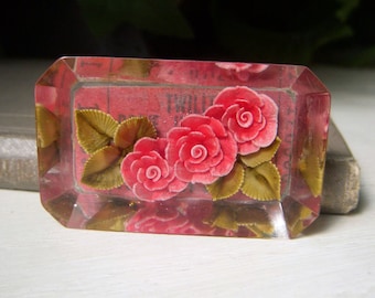 Vintage Reverse Carved Encased Floral Brooch, Red Rose Pin Lucite, Lovely Detail, Large 2" Lucite