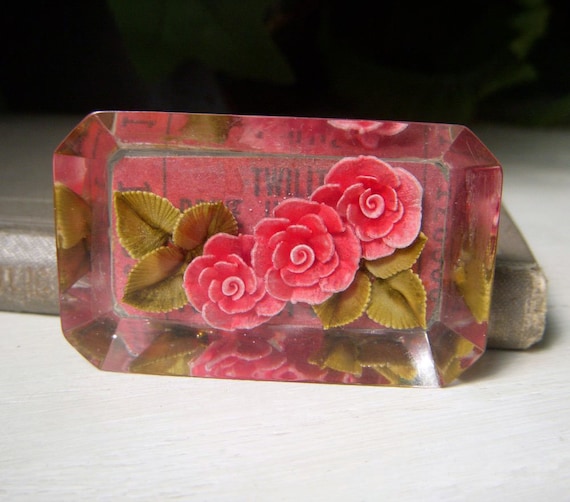 Vintage Reverse Carved Encased Floral Brooch, Red… - image 1