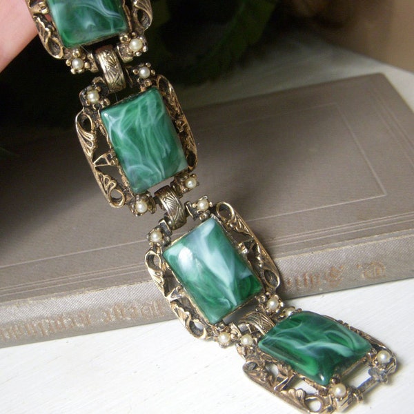 Vintage Selro Green Link Bracelet, On Sale, Faux Malachite Lucite Swirl, Panel Bracelet Mid Century