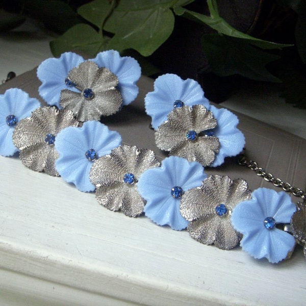 Vintage Lilypad Necklace and Earrings, Floral Blue Rhinestone, Clip-on Earrings and Choker Set, Mid Century Floral Jewelry