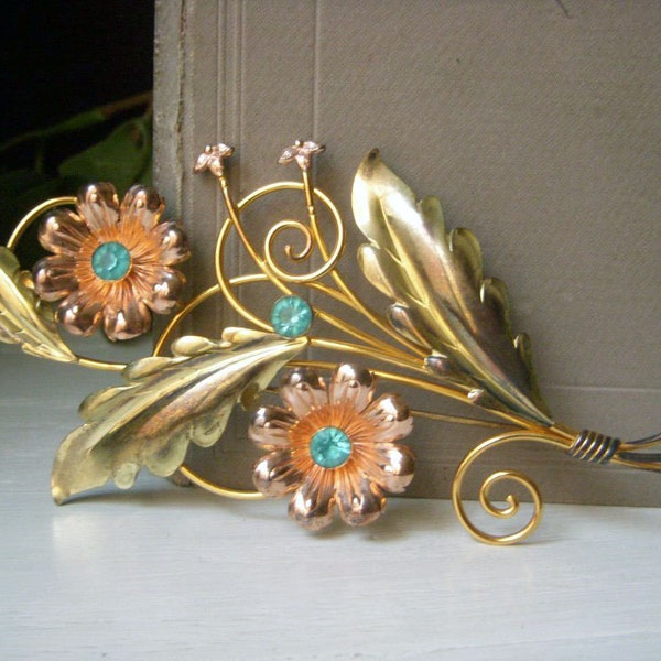 Vintage Van Dell Gold Filled Brooch, Huge 1940's Floral Spray Art Nouveau, Aqua Rhinestone, Giant 5.4 Inch Pin, 1/20 12k GF