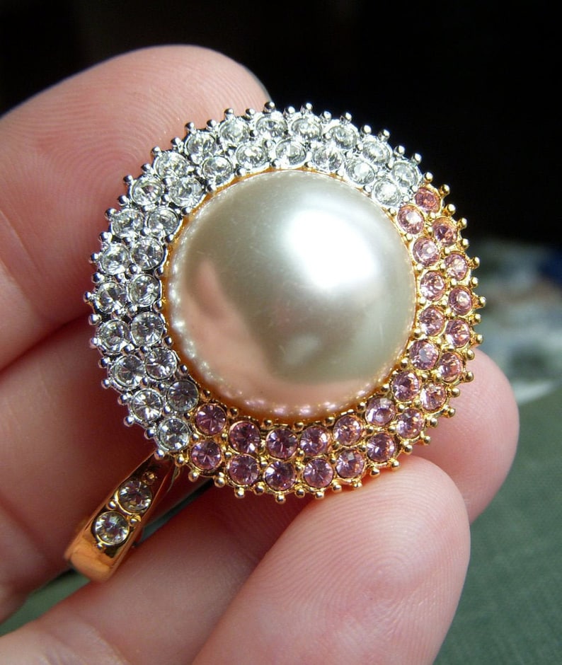 Gorgeous Vintage Signed Nolan Miller Pendant Pink and Clear Rhinestone Pendant Only Large Faux Pearl and Rhinestone Pendant