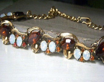Vintage Topaz and Opal Rhinestone Link Necklace, Goldtone 1950's, Maybe Coro