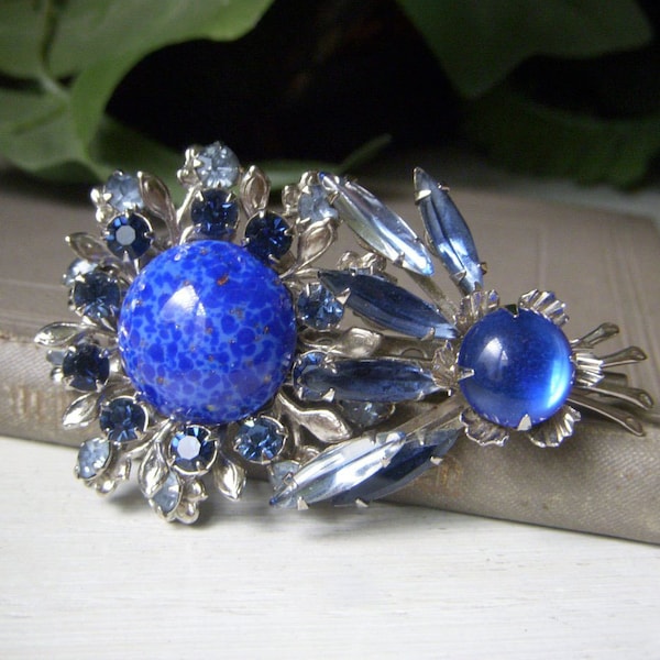 Vintage Blue Art Glass Floral Brooch, Lapis Glass, Large 2.5" Cobalt and Sapphire Blue Flower Pin, Prong Set Brooch