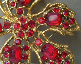 Vintage Red Rhinestone Leaf Brooch, Maple Leaf Pin, Mid