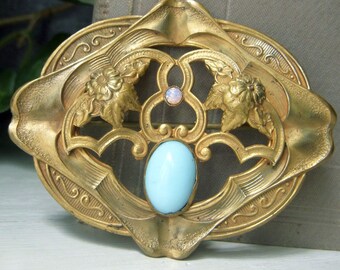 Antique Victorian Brooch, Large Brass Art Nouveau Pin, On Sale, Aqua Glass, C Clasp, Very Old Ornate Brooch, Late 1800's