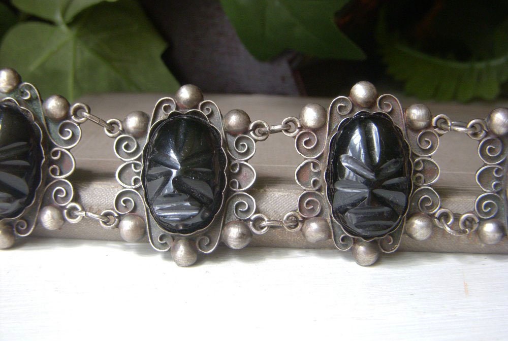 Vintage Mexico Aztec Bracelet, Sterling Silver, Black Onyx Face