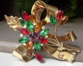 Vintage Coro Large Floral Bow Brooch, 1940's Giant 3" Pin, Corocraft Pegasus, Multi-Color Rhinestone, Vermeil and Sterling