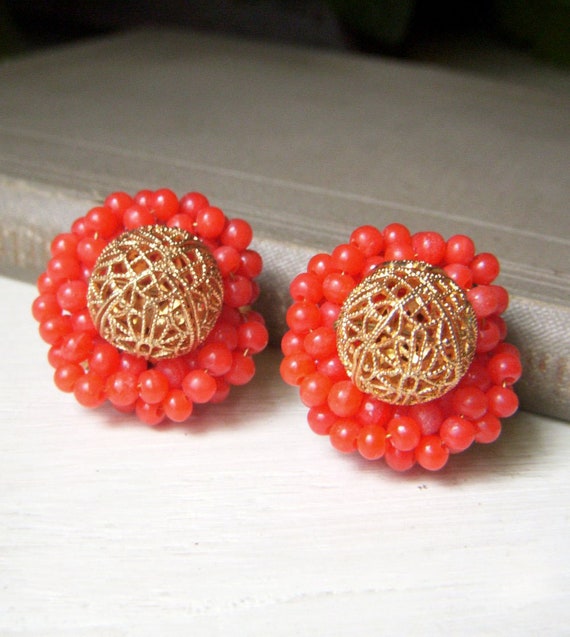 Vintage Castlecliff Red Cluster Earrings, Beaded … - image 2