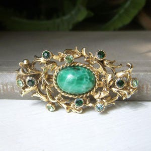 Green Peking Glass Brooch, Vintage Emerald Rhinestone and Czech Glass Floral Pin, Glass Cabochon, 1.8 Inch Goldtone