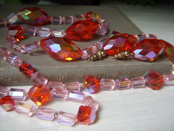 Vintage Miriam Haskell Orange Pink Crystal Earrin… - image 2
