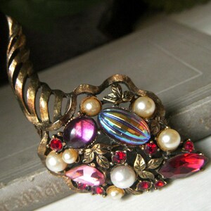 Vintage Cornucopia Rhinestone Brooch, Multi Color Pin, Horn of Plenty Pin Mid Century Estate Jewelry, Pink Red Amethyst Faux Pearl, Large 3&quot;