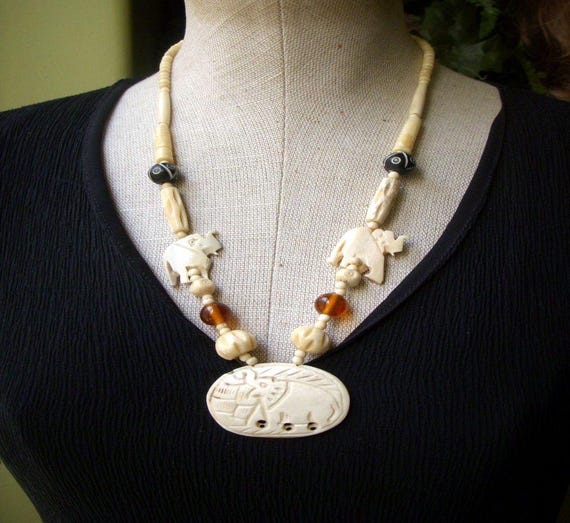 Vintage Carved Bone Necklace, Elephant Pendant, African Safari