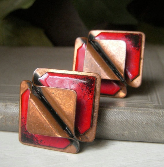 Vintage Red Enamel Earrings, Clip-on Copper, Mod … - image 1