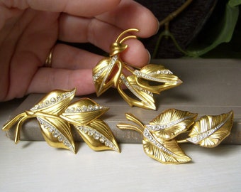 Set of Three Vintage Leaf Brooches, Gold and Clear Rhinestone Pin, Czecho Made Brooch, 3 Scatter Pins, Excellent Condition