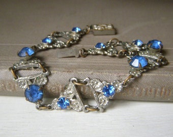 Vintage Blue Rhinestone Link Bracelet, Art Deco Sapphire, 1940's 7 Inch Blue Bracelet