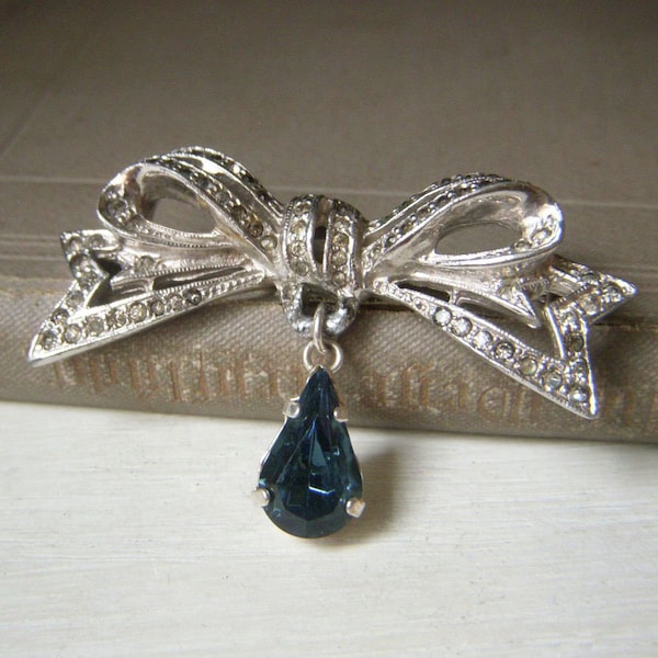 Vintage Rhinestone Bow Brooch, Block E Eisenberg? Bow with Dangle Pin, Art Deco Style