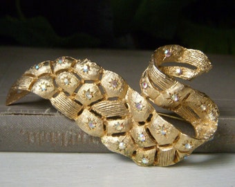 Vintage Tara Brooch, Goldtone with AB Crystal Rhinestones, Curved Bow Pin, Mid Century Estate Jewelry