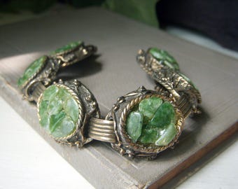 Vintage Jade Chip Bracelet, Green Gemstone Chip Link, Antiqued